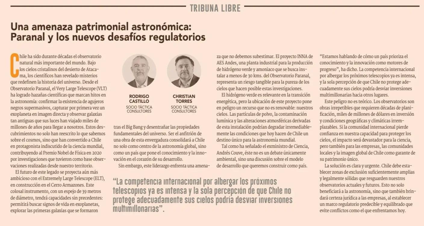Diario Financiero: Columna de Opinión de Rodrigo Castillo y Christian Torres: Una amenaza patrimonial astronómica: Paranal y los nuevos desafíos regulatorios